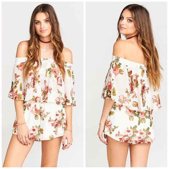 Show‎ Me Your Mumu White Rosarita Floral Ruffle Off the Shoulder Romper SZ Small - Picture 1 of 5
